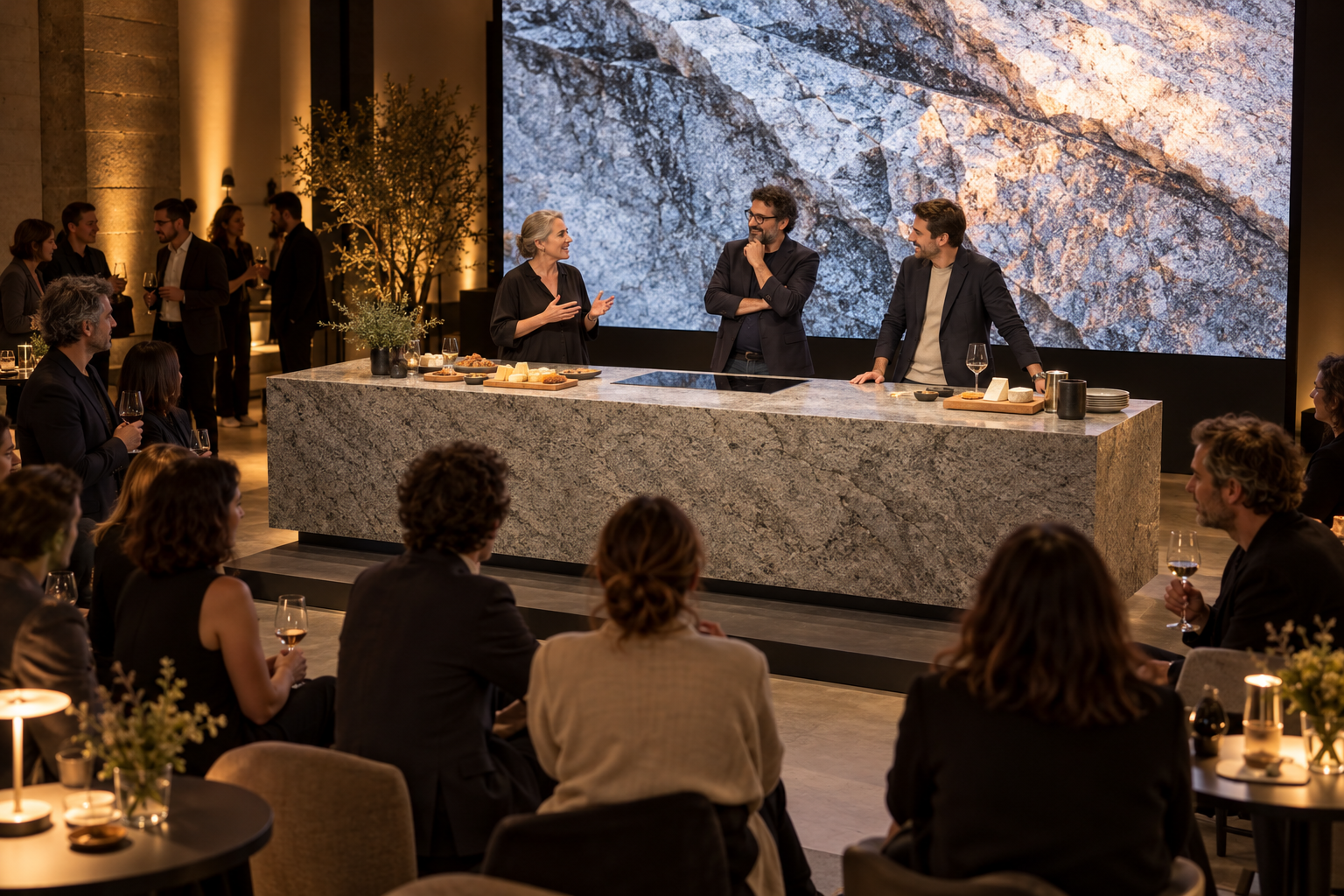 Concepto del encuentro: conversación junto a la piedra, pantalla LED y público