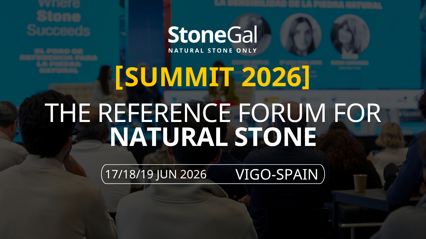 Image showing an audience attending a conference or forum with promotional text for StoneGal's Summit 2026, highlighting it as the reference forum for natural stone in Vigo, Spain.