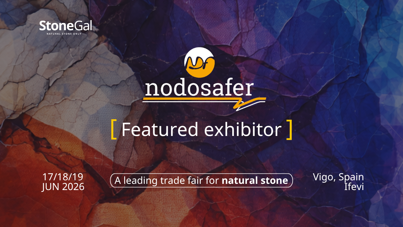 Image with an abstract close-up texture of natural stone in multiple colors used as background, overlaid by the StoneGal logo, nodosafer logo and text highlighting a featured exhibitor at a natural stone trade fair with location and dates.
