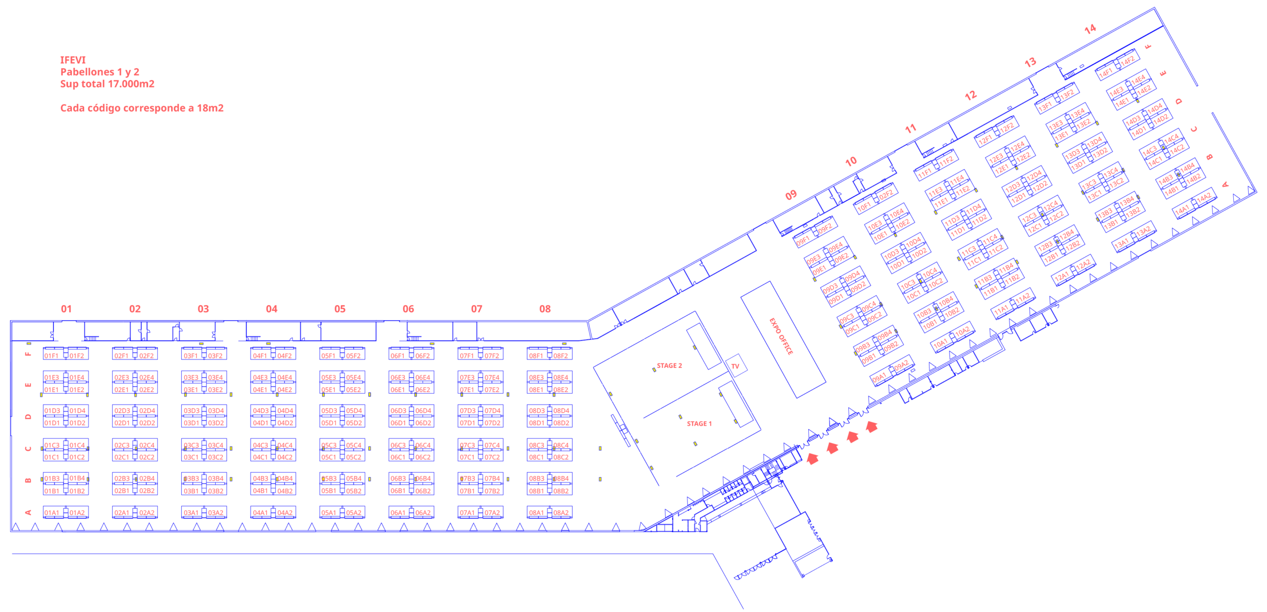Plano detallado con la distribución de pabellones y stands numerados para un evento o feria en IFEVI, incluyendo textos técnicos de referencia del espacio.