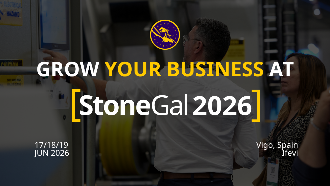 Image showing two individuals engaged at an industrial setting promoting StoneGal 2026 trade fair in Vigo, Spain, with text urging to grow business at the event.
