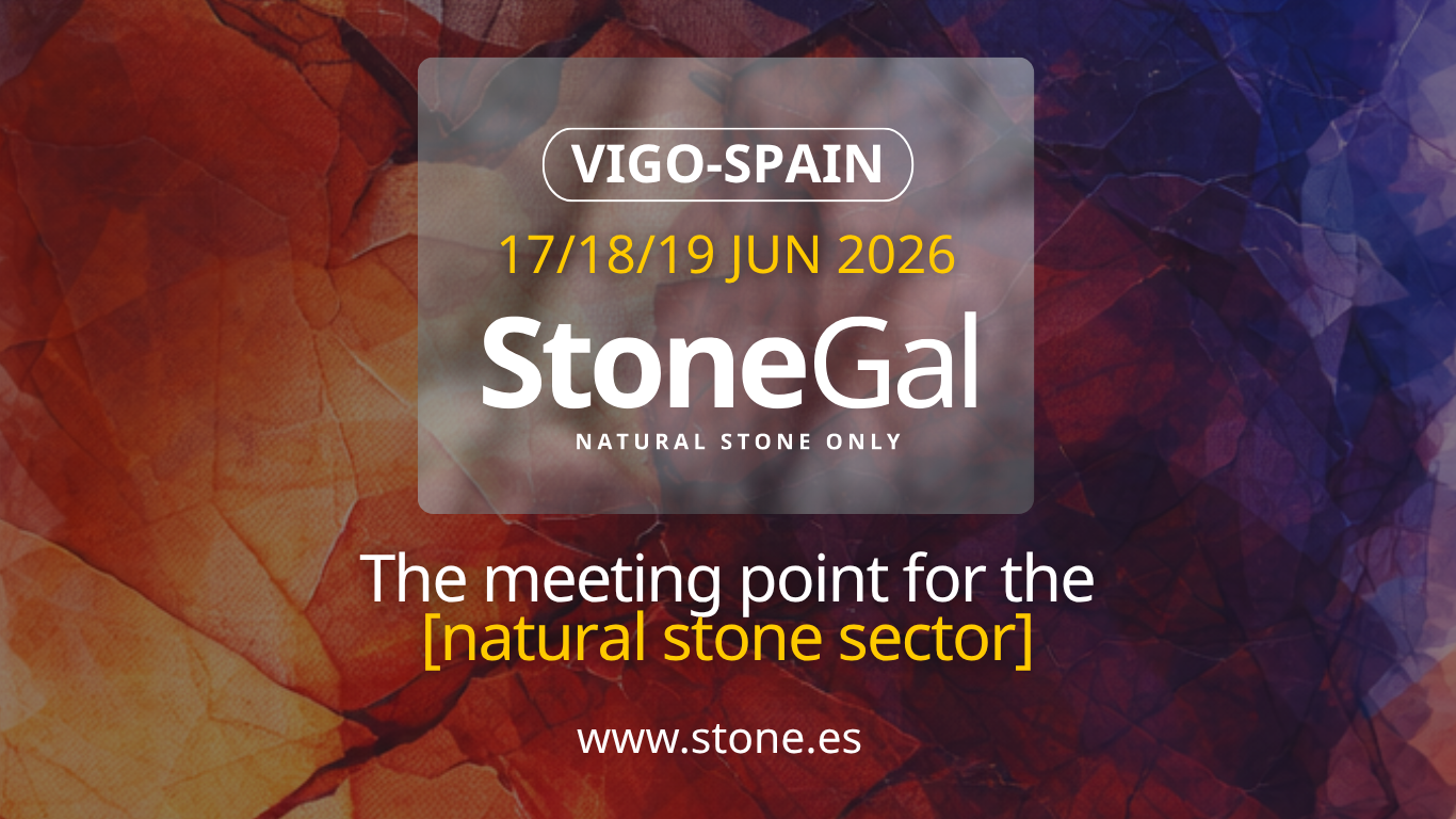 Informational image for StoneGal's natural stone sector meeting in Vigo, Spain on June 17-19, 2026, with emphasis on networking and event location, overlaid on natural stone textured background.