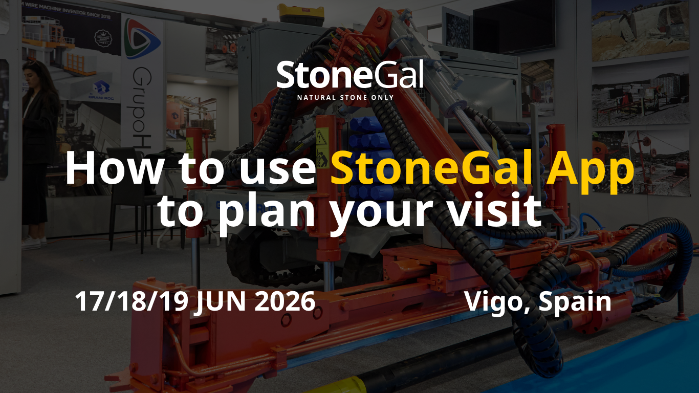 Image showing an industrial machine at a trade show or exhibition with people in the background. Prominent text promotes the StoneGal app to plan a visit on specific dates in Vigo, Spain. Brand StoneGal is dominantly featured.