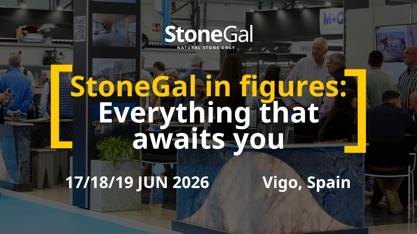 Image showing a busy exhibition or trade fair setting, with many visitors and StoneGal branding prominently displayed. Text promotes StoneGal event with dates and location: 17/18/19 June 2026, Vigo, Spain.
