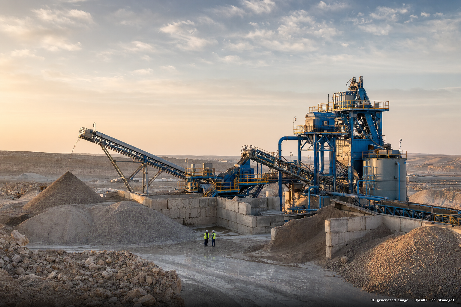 Ilustración editorial sobre CDE y la industria de la piedra natural.