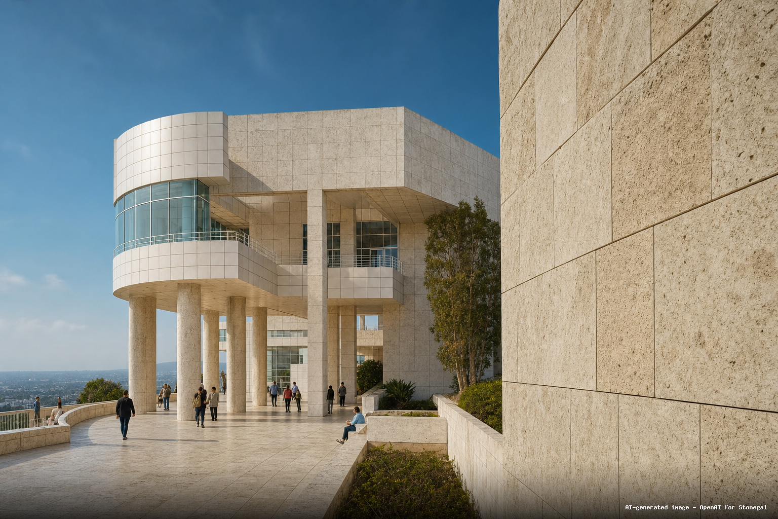 Ilustración editorial sobre The Getty Center y la industria de la piedra natural.
